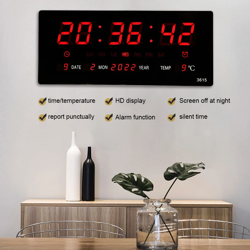

Luminous Large Digital Wall Clock Alarm Hourly Chiming Temperature Date Calendar Table Clock Wall-Mounted LED Clocks Decoration
