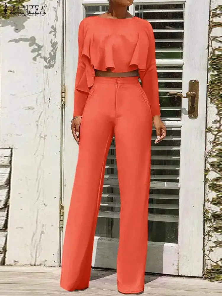 

Women Pant Sets Fashion Ruffled Irregular Tops Outfits ZANZEA 2023 Autumn Holiday High Waist Trouser Sets Sexy Solid 2pcs Suit