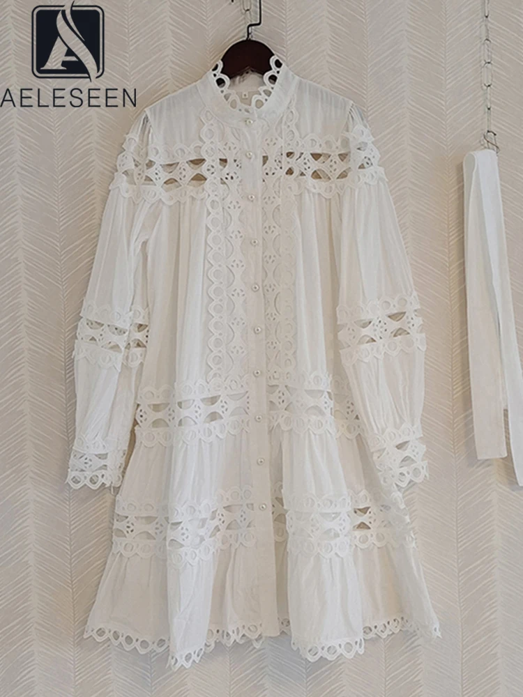 AELESEEN Fashion Runway 2022 Summer Dress Women Black White Lantern Sleeve Hollow Out Party