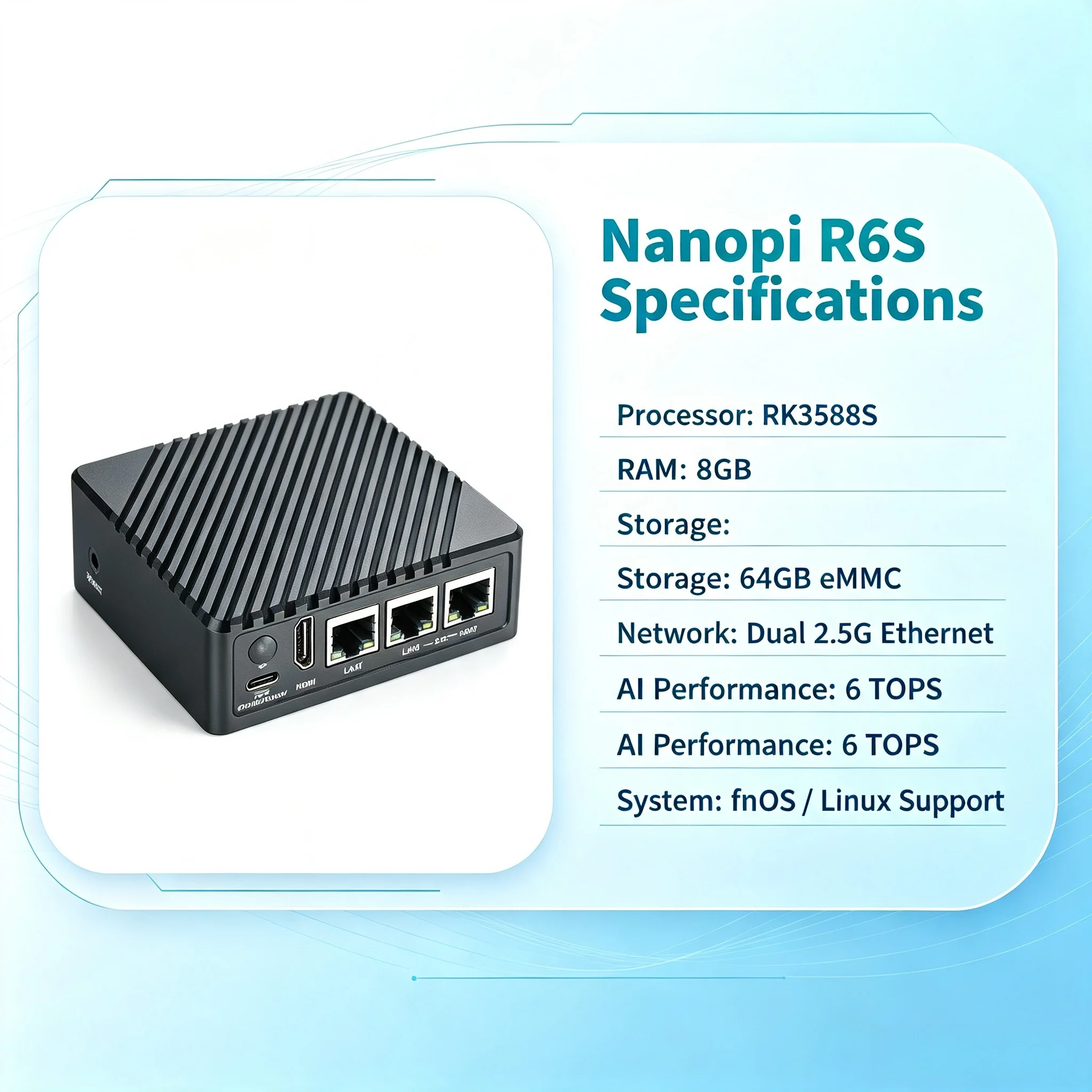 Фото Плата разработки Nanopi R6S RK3588S, 8 ГБ ОЗУ, 64 ГБ eMMC, два порта 2.5G Ethernet, поддержка периферийных вычислений, встраиваемый NAS, поддержка fnOS №3