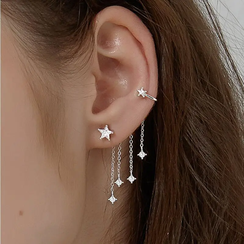 

Asymmetric Full Diamond Tassel Earrings Star Pendant 925 Silver Earrings for Women Gift Jewelry Accessories