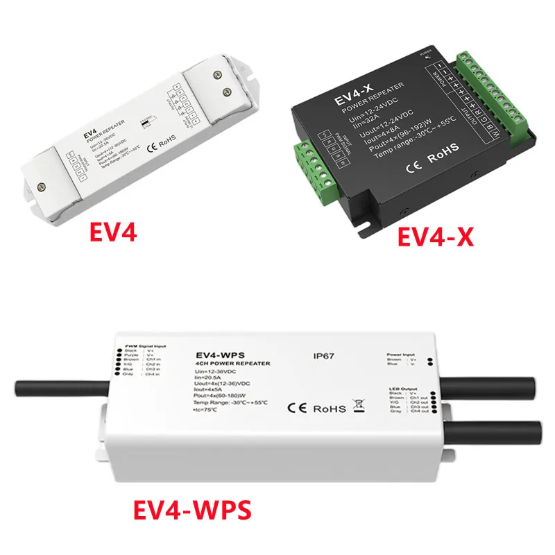 EV4-X 4 Channel 8A Constant Voltage Power Repeater 12-24V ● Apply to single color, dual color, RGB or RGBW constant voltage LED