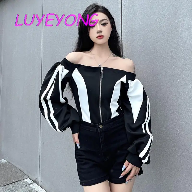 

Свитшот женский с открытыми плечами, пикантный черный Свитшот контрастных цветов с длинным рукавом-фонариком, с воротником-лодочкой, на молнии, в стиле Харадзюку