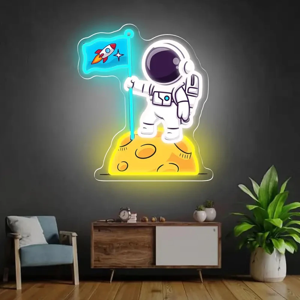 Астронавт держит телефон на Луне светодиодная неоновая вывеска Космический