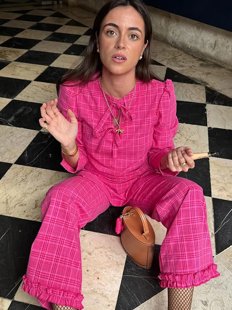 2025 женские элегантные клетчатые комплекты с широкими брюками и оборками модные