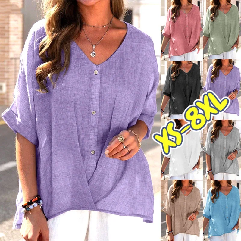 

Fashion Clothing Ladies Casual Short Sleeve Shirts Ladies Summer Tops V-Neck Solid Color Loose Linen Tops Buttoned Chiffon Shirt