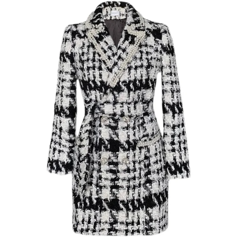 

Женская Длинная шерстяная куртка, элегантная двухбортная приталенная винтажная офисная куртка в клетку, с жемчужинами, Осень-зима