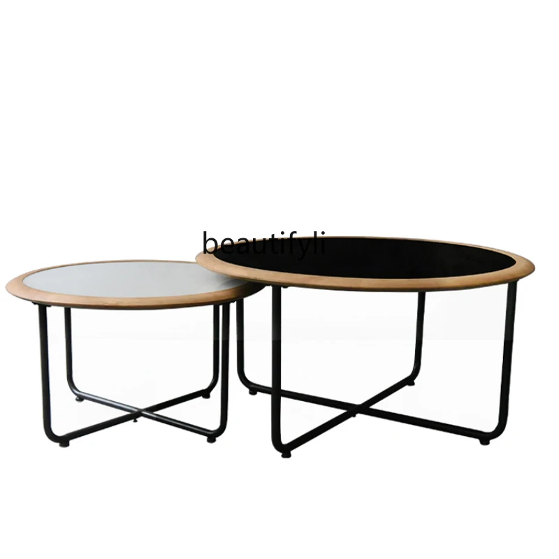 

yj Living Room Sofa Tempered Glass Combination Iron Coffee Table Light Luxury Nordic Solid Wood Round Table