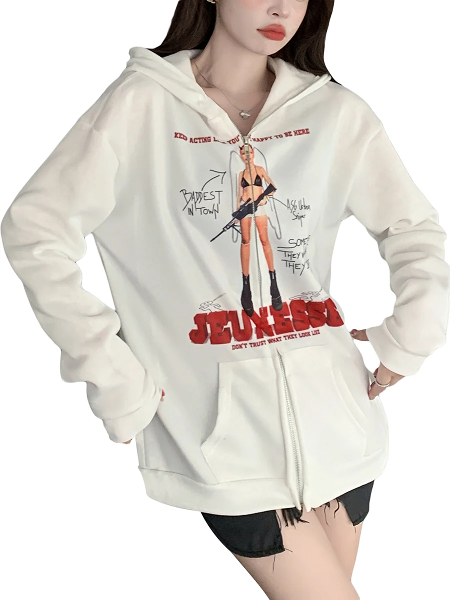 

Women s Zip Up Hoodie Sweatshirt Long Sleeve E-Girl Vintage Hooded Pullover Jacket Coat Punk Grunge