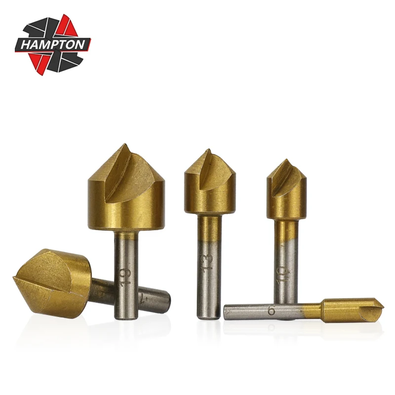 

HAMPTON 90 Degrees Chamfering Cutter 1 Flute Countersink Drill Bit Set for Woodworking Hole Cutter TiN Coated Chamfer Drill Bit