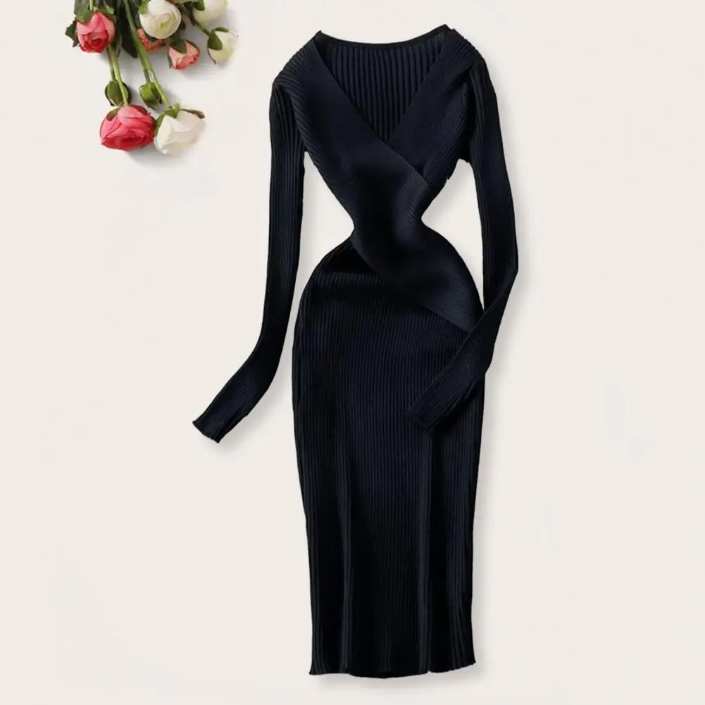 

Women Fall Spring Dress Knitted V Neck Skinny Elastic Striped Vintage Tight Waist Anti-shrink Midi Sheath Dress Party Prom