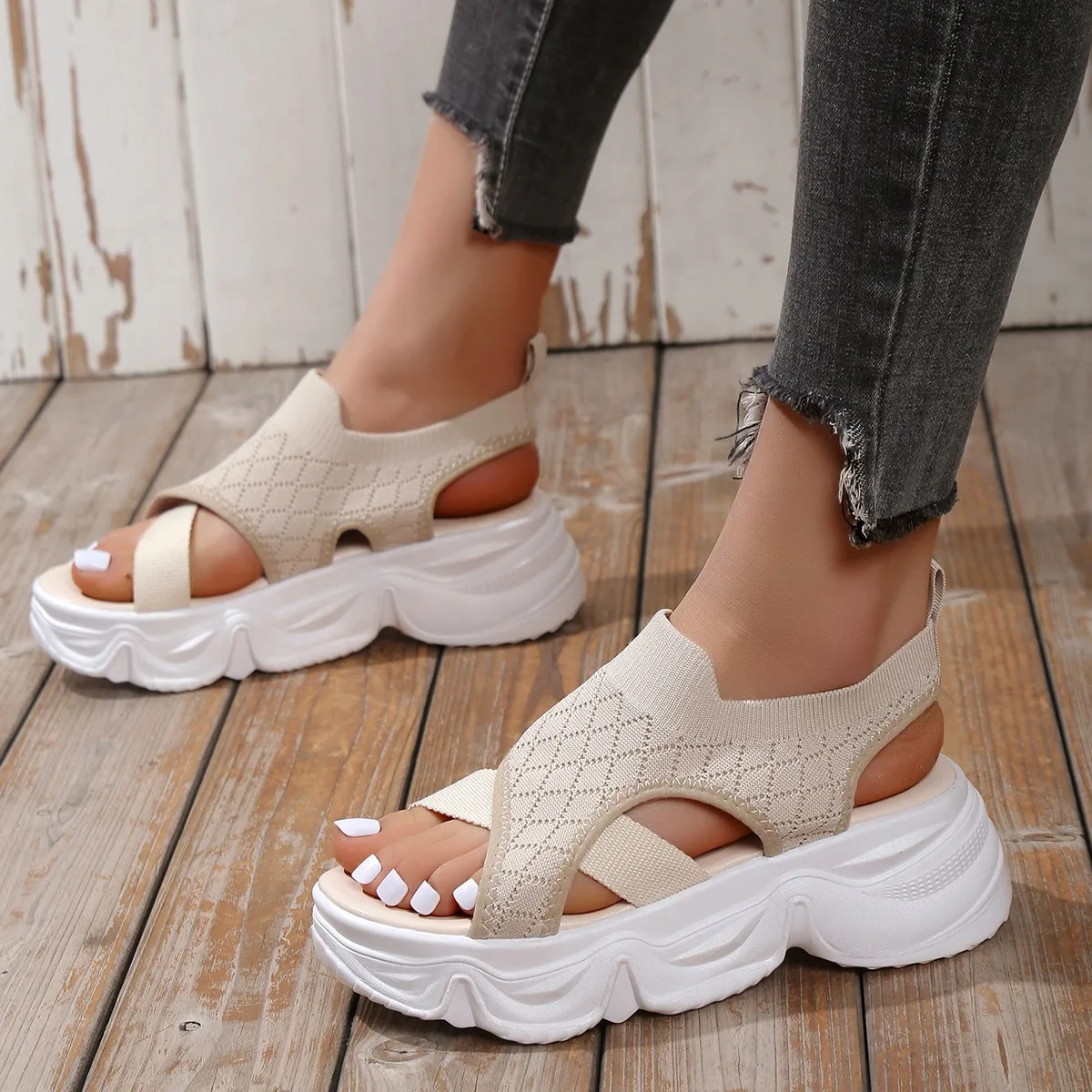 

Summer Women Sandals Mesh Casual Shoes White Thick-Soled Lace-Up Sandalias Open Toe Beach Shoes for Women New Zapatos Mujer