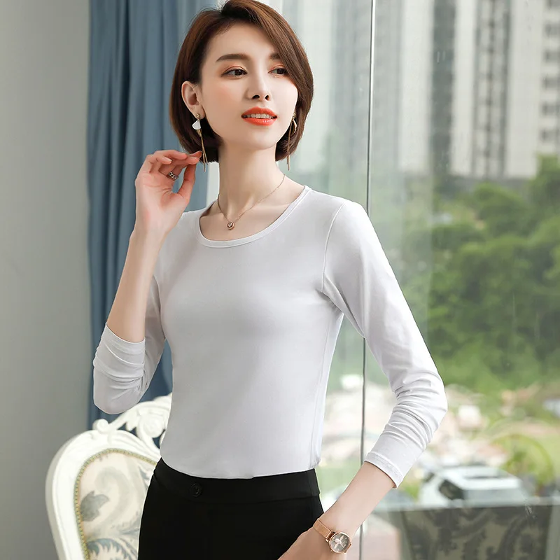 

Autumn Korean Cotton T-Shirt Women Vintage Long Sleeve Office Lady Tshirts White Slim Women Shirt Mujer Camisetas