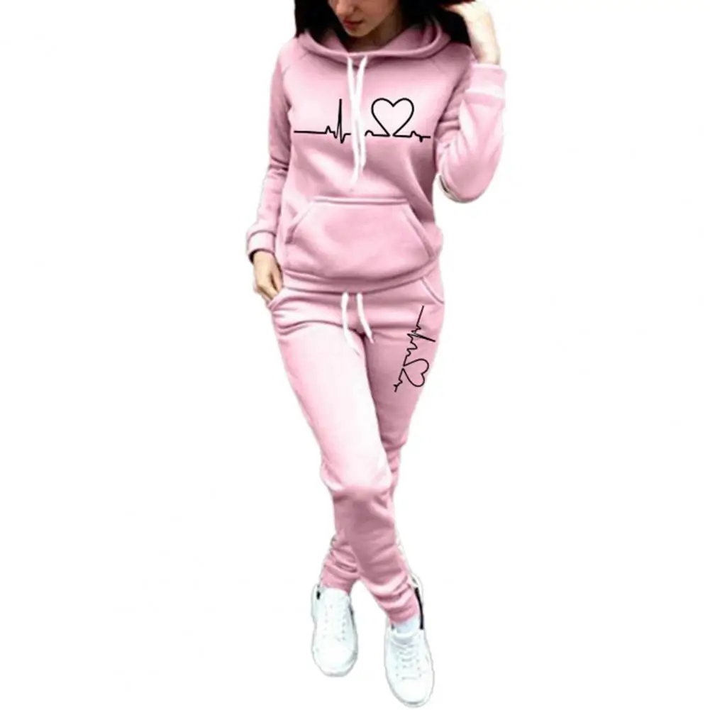 

2 piece set women sport clothes Heart print thickened warm and breathable solid color Hoodie jogging sport suit women