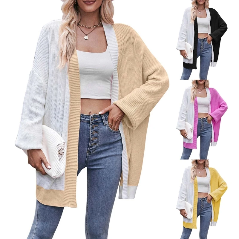 

Женский вязаный кардиган средней длины с длинными рукавами и цветными блоками, свитер с открытой передней частью, свободное