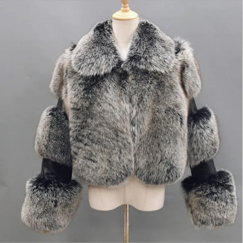 

European American Women's Fur Coat Imitation Fur Solid Color Long Sleeve Short Coat with Lapel Artificial Fur Winter Coat Women