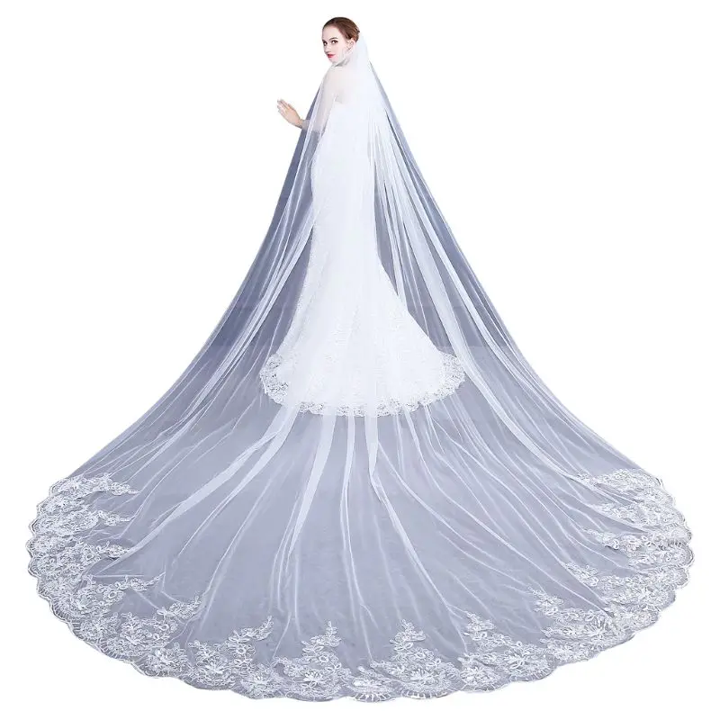 

4M One-Layer Women Trailing Cathedral Long Wedding Veil Embroidered Floral Lace 264E