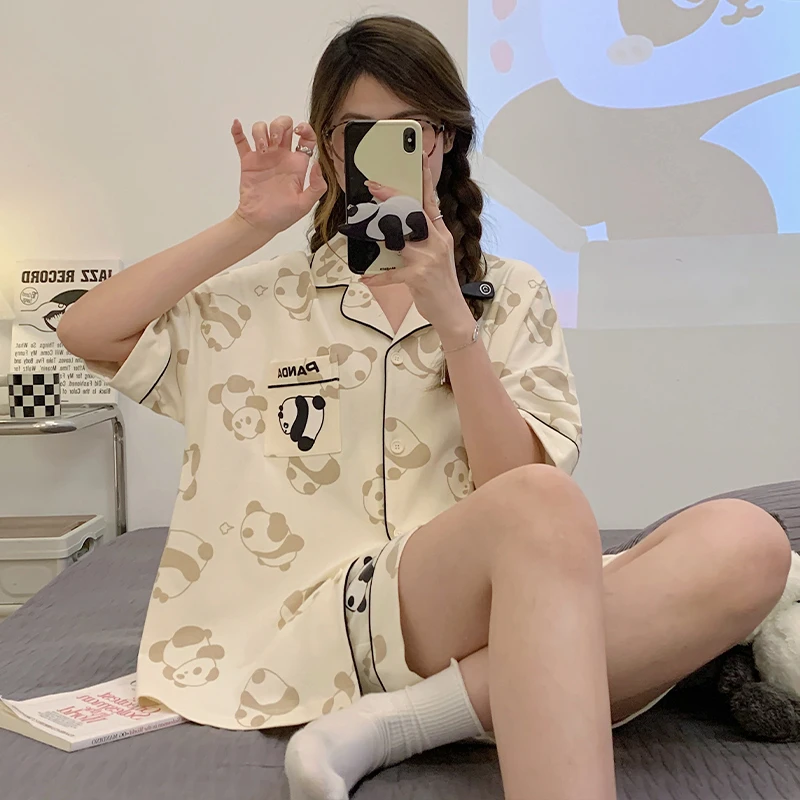 

Summer Women Korean Pajama Sets 2PCS Loose Pijama Mujer Sleepwear Cartoon Panda Button Cardigan Pyjama Femme Loungewear