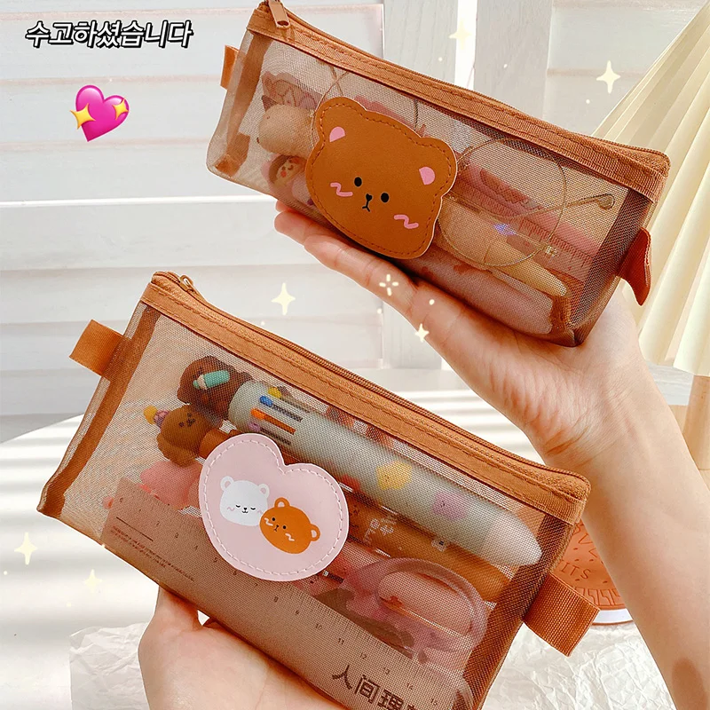 Case Cute Bear Brown Pouches Stationery Student Pencil Bag Large Capacity Storage Kawaii Bag