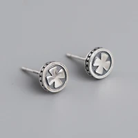 korean version of vintage old cross flower round sterling silver stud earrings can be worn silver earrings for men and women