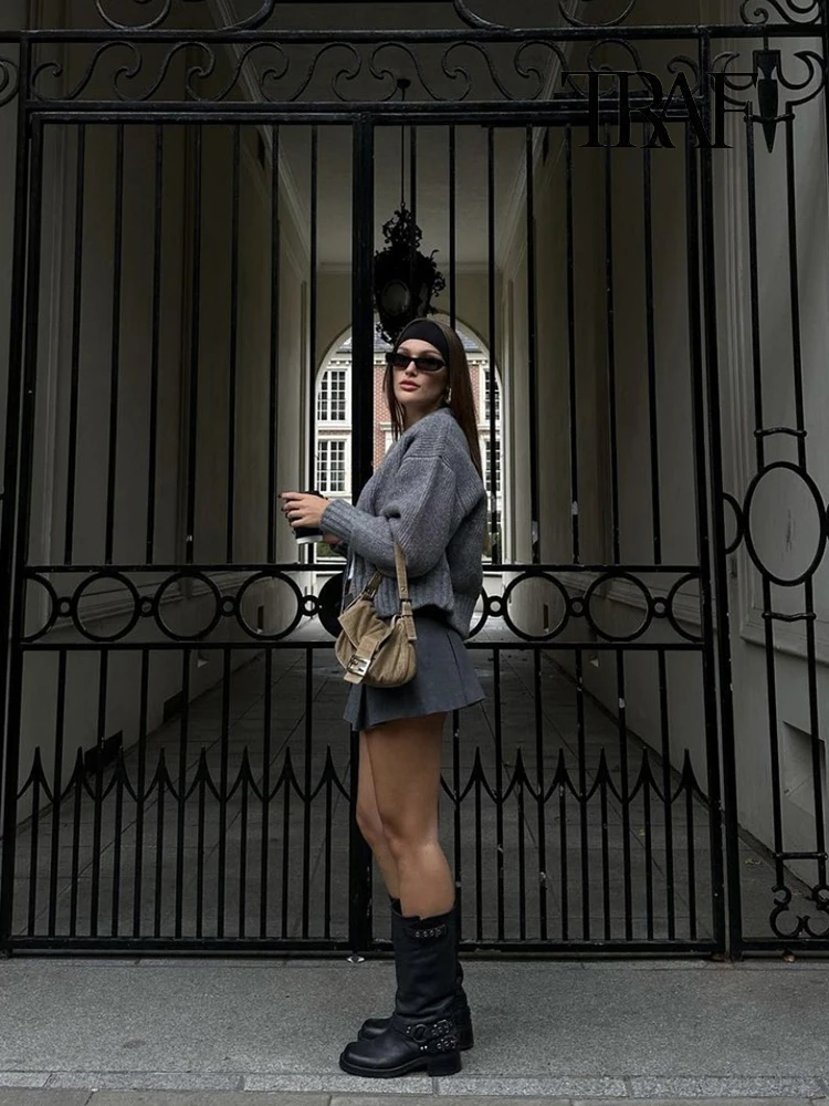 TRAF женская мода Casual круглый шеи свитер пальто ретро длинный рукав молнии вязать