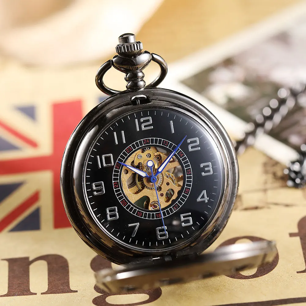 Black Hollow Case Mechanical Hand-winding Pocket Watch Men Flip Fob Chain Necklace Clock Mens Watch reloj de bolsillo