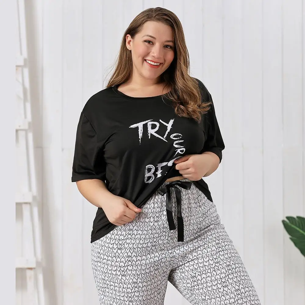  Women's Pajamas Summer Sets Shorts Sleeve O-neck Tshirt Printed Lace-up Straight Trousers Lounge Wear Women Clothing