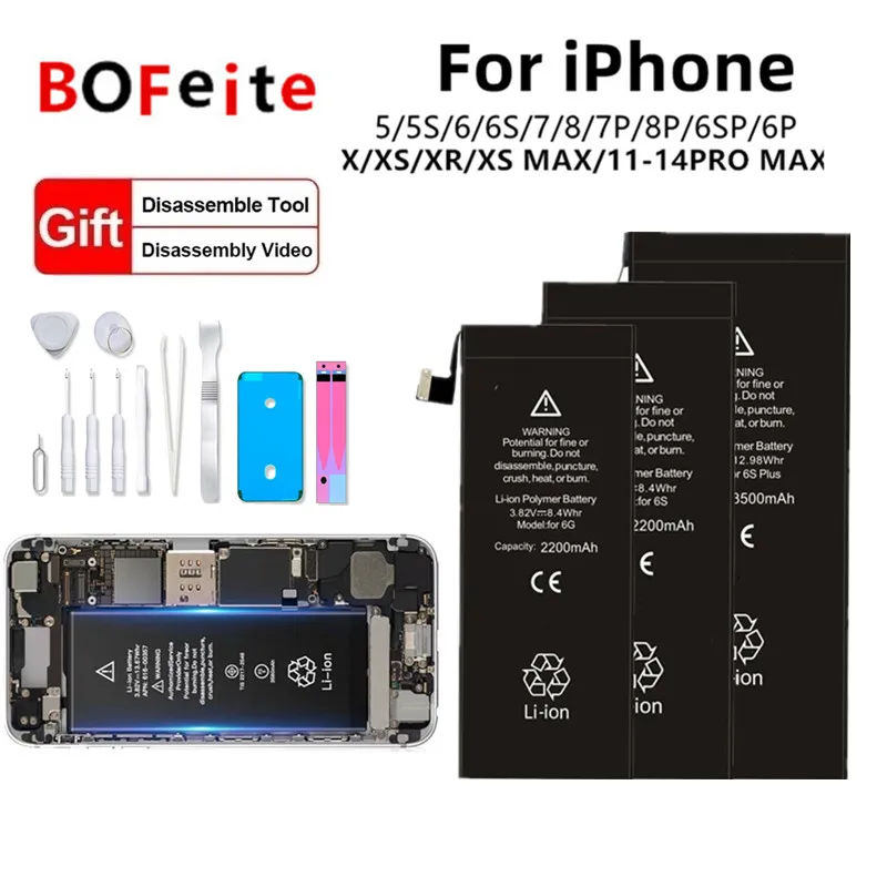 

BoFeite Battery For Apple iPhone 12 13Mini 14Pro MAX 11 XS 8 7 6S 6 Plus 8Plus 7Plus 6Plus 11Pro Lithium Polymer Bateria