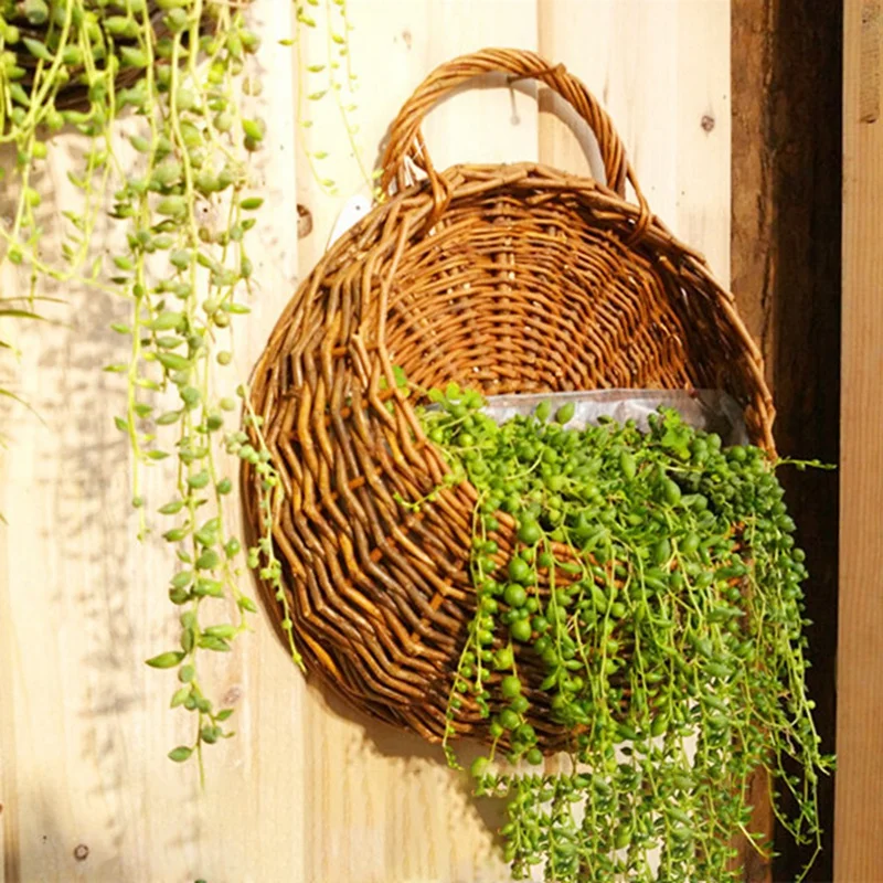 

C Hand Made Wicker Rattan Flower Basket Green vine Pot Planter Hanging Vase Container Wall Plant Basket For Garden