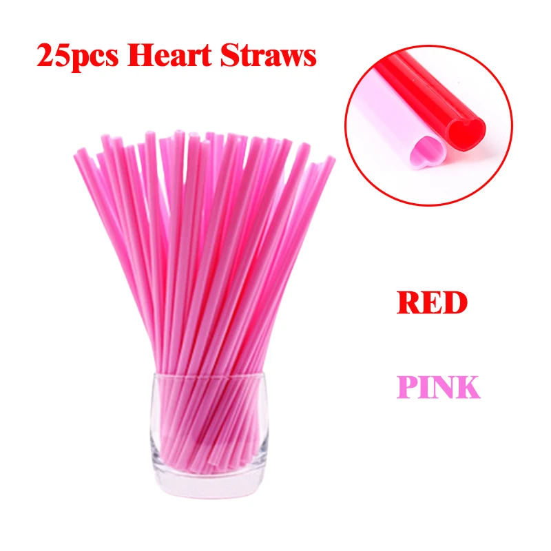 

25pcs 23cm Reusable Drinking Straws Plastic Portable Pink Red Heart Straw Coffee Beer Beverage Straws Wedding Bar Party Supplies