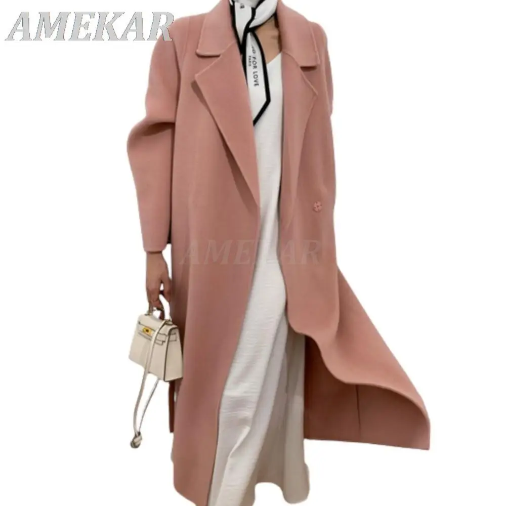 Women‘s Pink Cashmere Medium Long Belt Woolen Coats Loose Casual Elegant Fashion Woolen Outwear Ladies Autumn Winter Button Coat