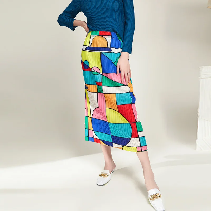 

Miyake Pleated Skirt For Women 45-75kg 2022 New Fashion Casual Geometric Printed Big Stretch Butt-Hugging Skirt Midi