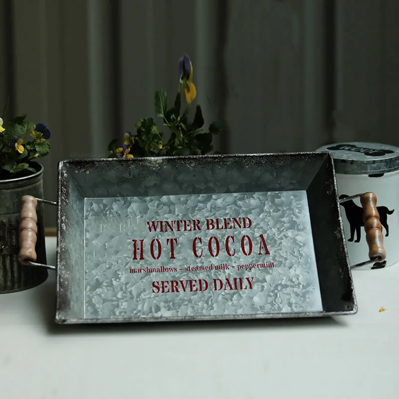 

Rustic Double Wood Beads Coffee Shop Decoration Tin Tray Photography Props Flower Pot Tray Tin Garden Groceries Cake Plate