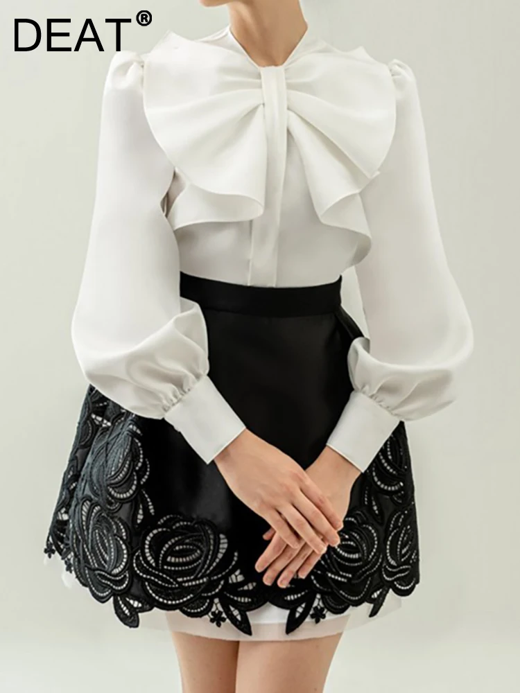 

Женский однобортный костюм [DEAT], белый костюм из двух предметов: топ с отложным воротником и длинным рукавом, с бантом и юбка с высокой талией и вышивкой, новинка весны 2023, 13DB1718