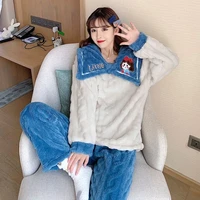 coral fleece plus velvet thick thick warm pajamas autumn and winter new loose simple wild casual fashion trend pajamas