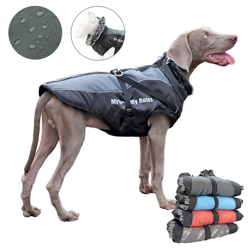 

Dog Clothes Winter Warm Dog Coat With Harness for Medium Large Dogs Furry Collar Pet Clothing Waterproof Dog Jacket Labrador