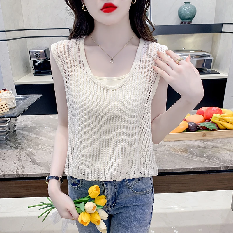 Женский трикотажный жилет без рукавов свободный короткий топ из двух частей в