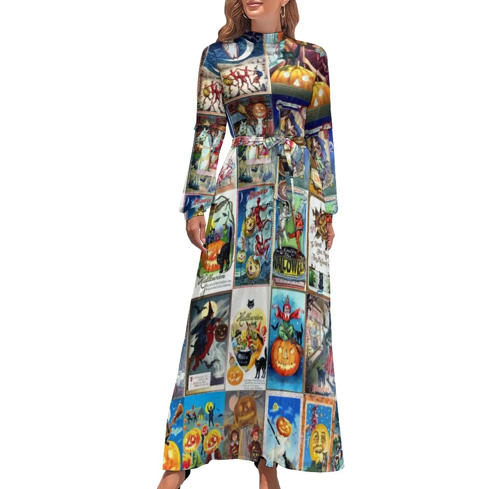 

Halloween Print Dress Vintage Postcard Cute Pattern Maxi Dress High Waist Long Sleeve Street Style Bohemia Long Dresses