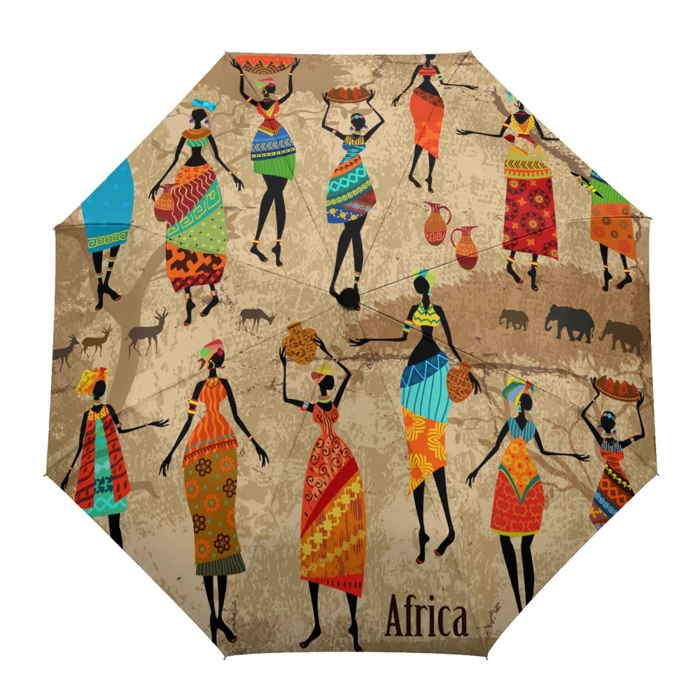 

African Woman Dance Ethnic Culture Vase Custom Automatic Umbrellas for Women Male Windproof Folding Rain Umbrella Parasol