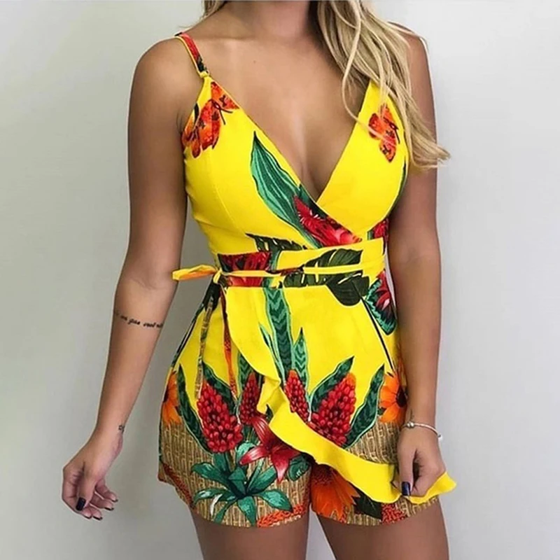 

Ladies Slim Temperament Printed Sling One-piece Shorts Women's V-neck Sling Sleeveless Fashion One-piece Shorts