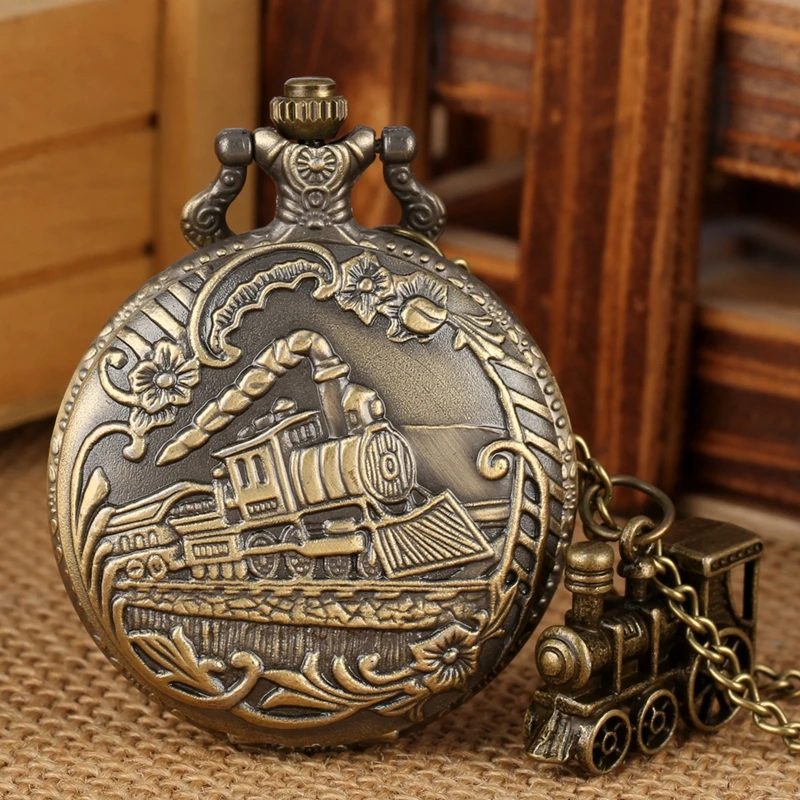 

Vintage Bronze Quartz Pocket Watch Train Locomotive Engine Necklace Pendant Chain Best Gifts for Men Women with Train Accessory