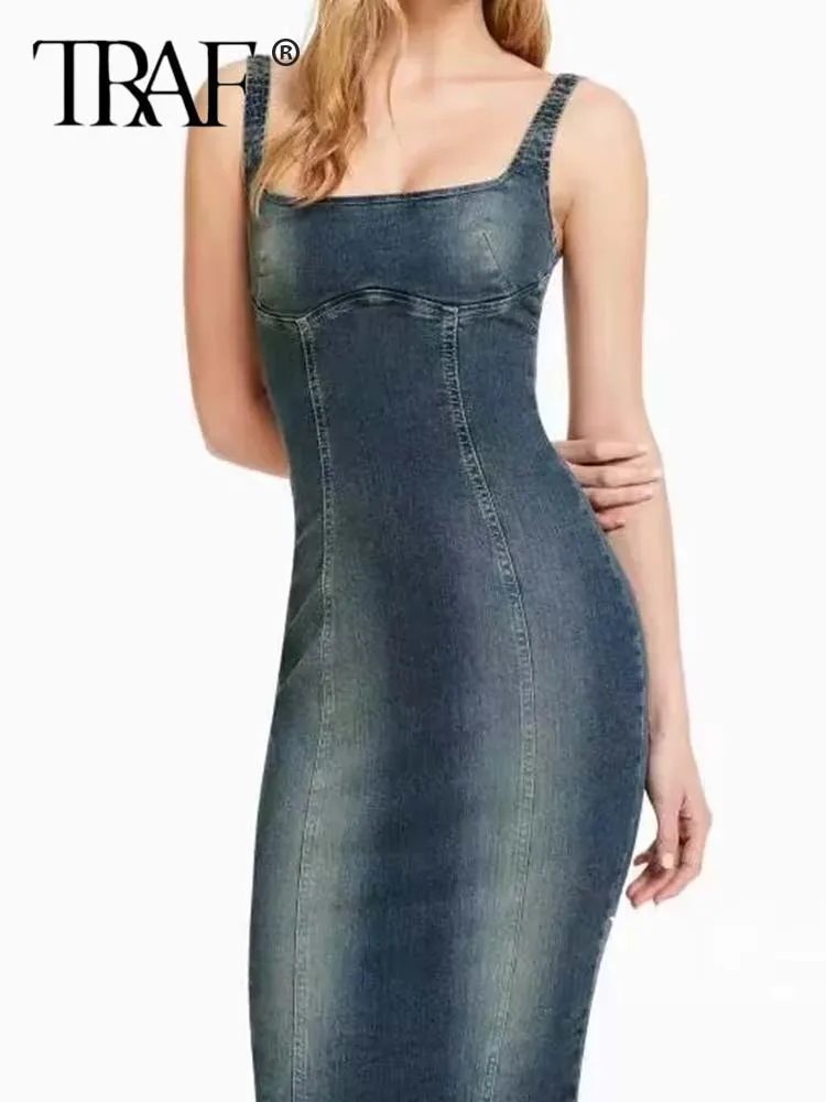 

TRAF Denim Corset Dress Woman Blue Slip Long Dresses for Women Sexy Backless Maxi Dress Women Fade Bodycon Summer Dress Women