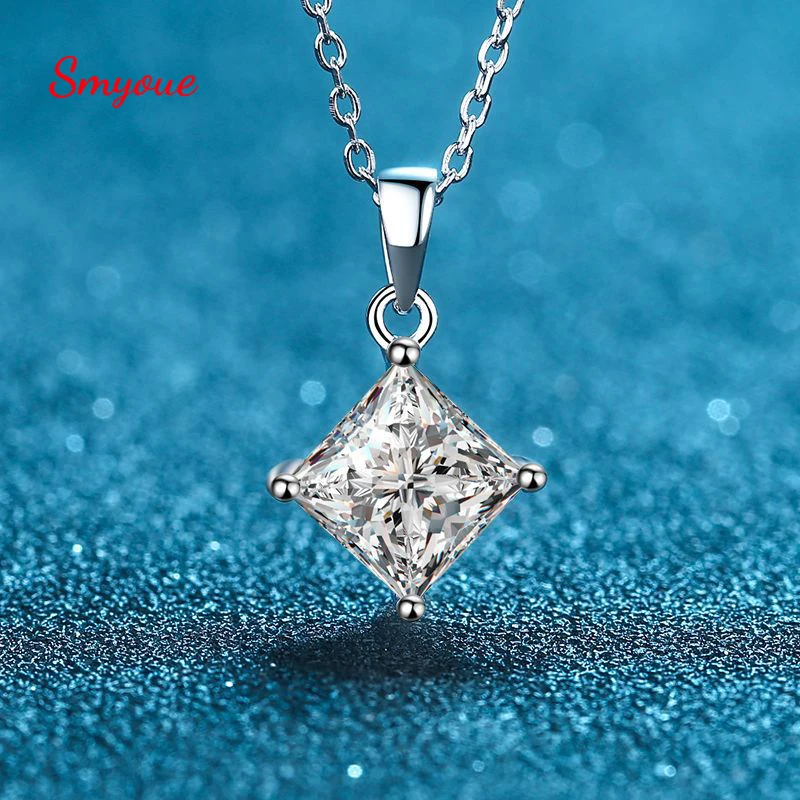 

Smyoue 2CT 7*7mm Pricess Cut Certified Moissanite Necklace Women Lab Grown Simulated Diamond Pendant S925 Silver Wedding Jewelry