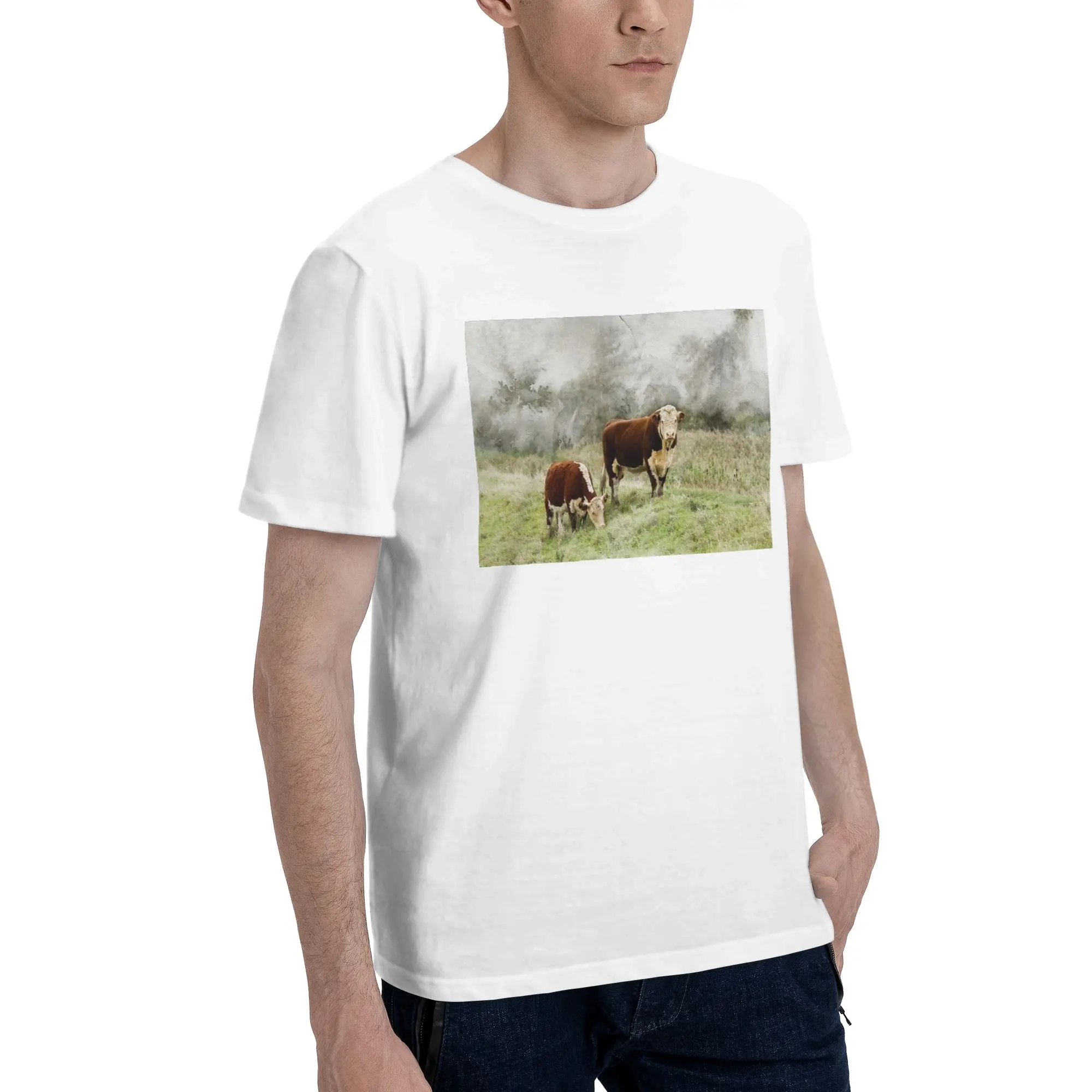 Фото Мужская футболка с акварельной фотографией Hereford Bull and Cow, большие футболки, мужские хлопковые футболки с круглым вырезом, короткие летние мужские футболки №1