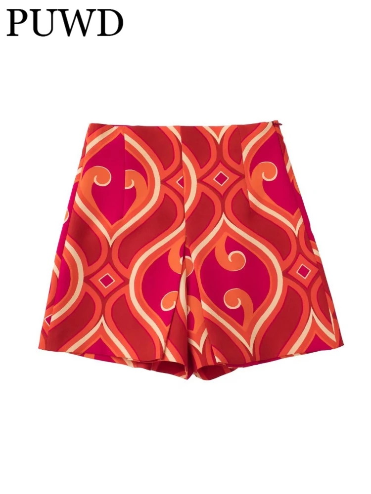 

PUWD Women Geometry High Waist Straight Shorts 2022 Spring Fashion Ladies Casual Printed Shorts Female High Street Shorts