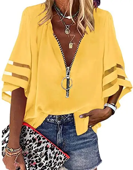 Solid Chiffon Blouses 2022 Summer Women Blouse Top V Neck Zipper Loose Pullover Casual Loose Shirts Big Size Women Top
