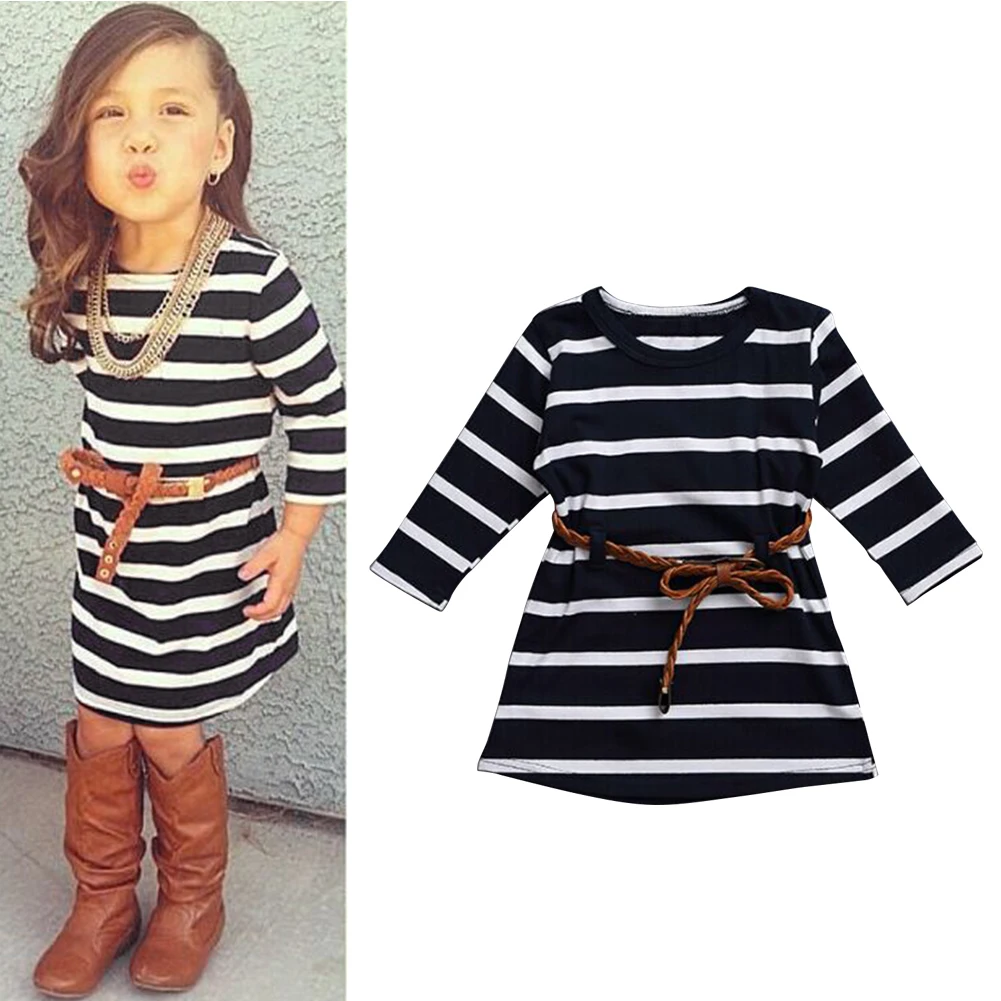 

Fashion Breathable Gift Girls Dress Long Sleeves Daily Durable Spring Autumn Clothing Soft Comfortable Striped Pattern With Belt
