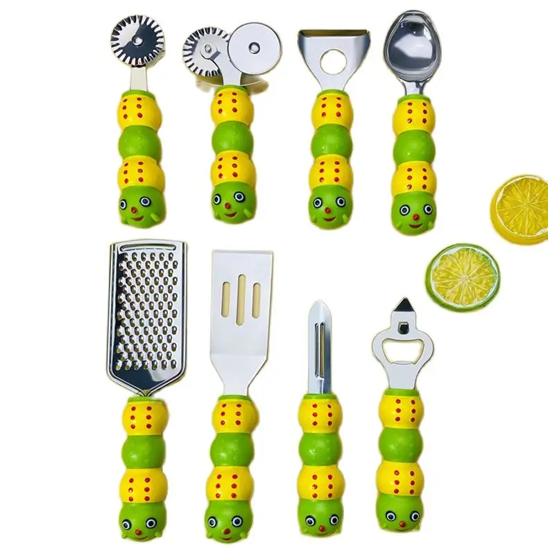 

Cute Stainless Steel Kitchen Gadget Set Handle Kitchen Tools Peeler Can Opener Whisk Garlic Press Filter Cake Kitchen Gadgets