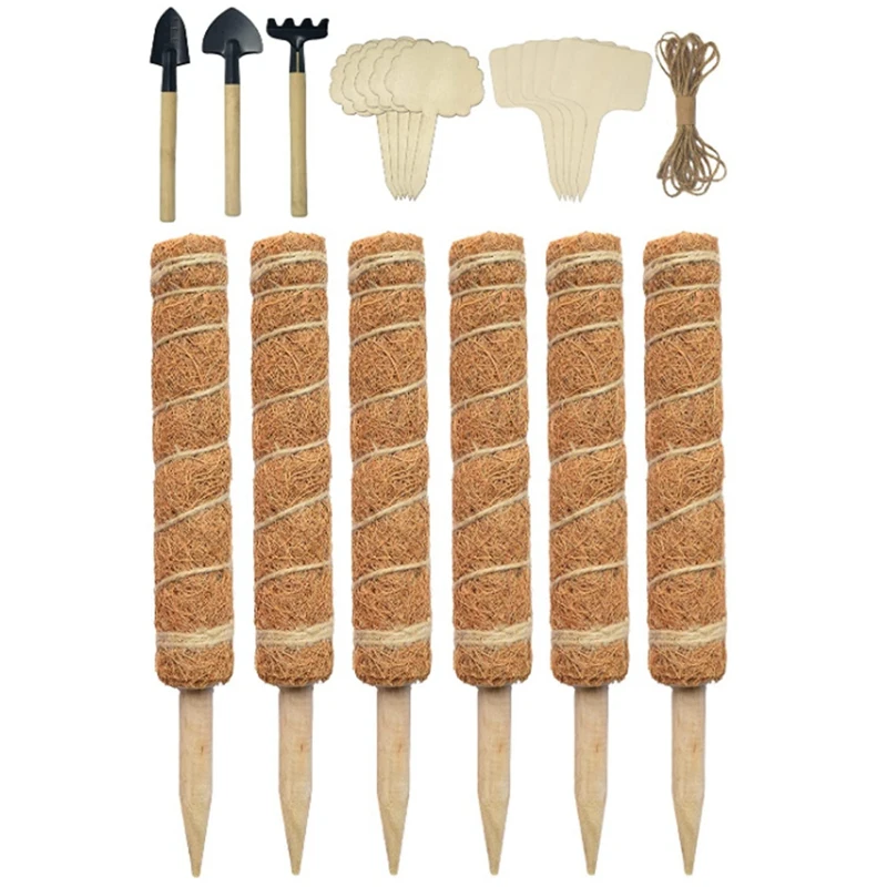 

Coir Moss Poles For Climbing Plants,6 Pack 15.7 Inch Coco Totem Plant Support Extension With Gardening Tool Set & Wood