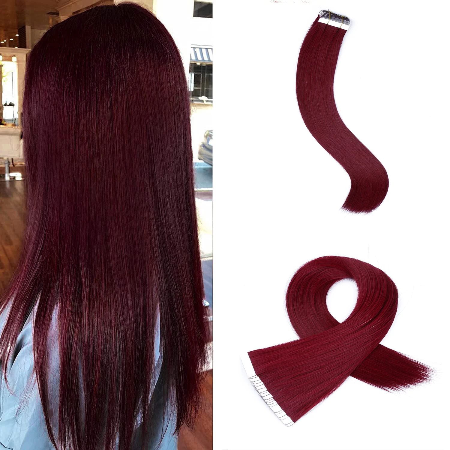 Burgundy Tape In Human Hair Extensions 99j Wine Skin Weft Hair Extensions Adhesive Invisible Real Silky Straight High Quality